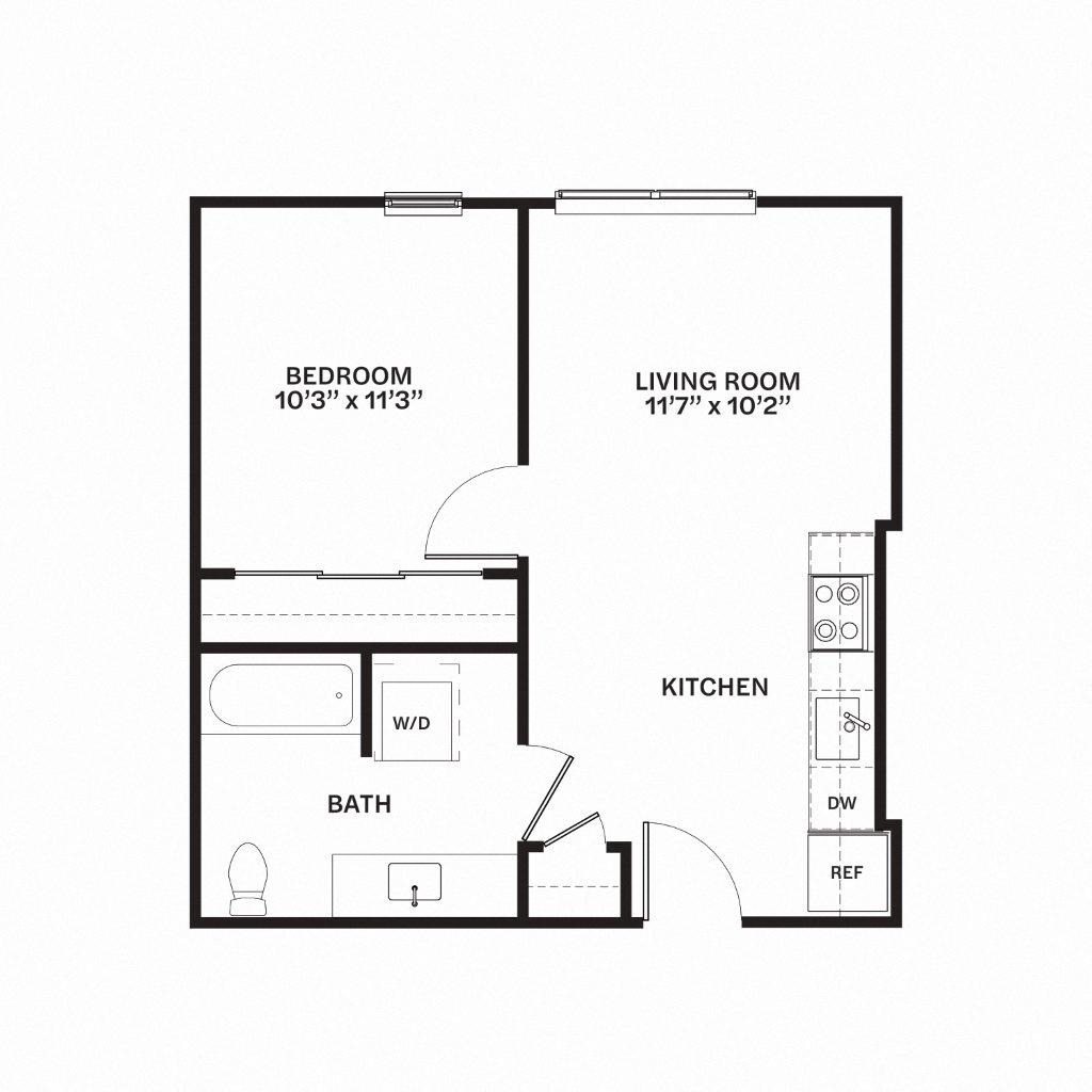 Floor plan for 1 bed, 1 bath, 560 sqft